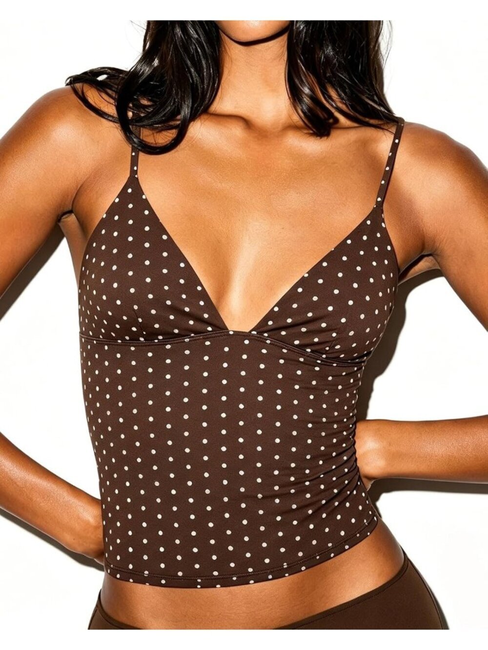 Women's Brown Dots Sleeveless V Neck Double Layer Slim Fitted Imported Tank Top